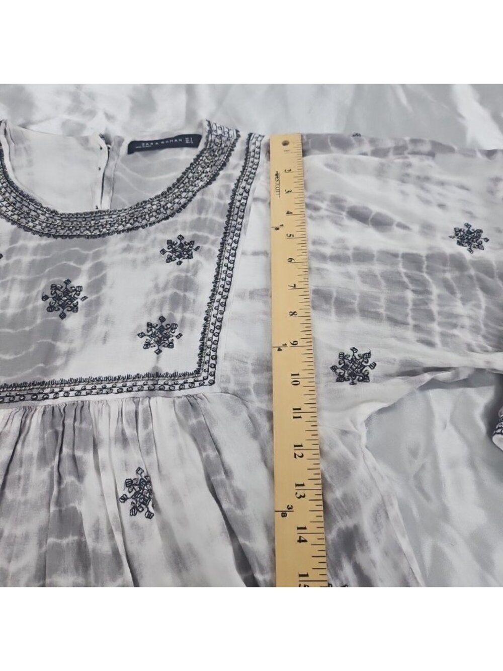Zara Woman S Embroidered Boho Peasant Tunic Gray Tie Dye Cottagecore Festival - Picture 14 of 16